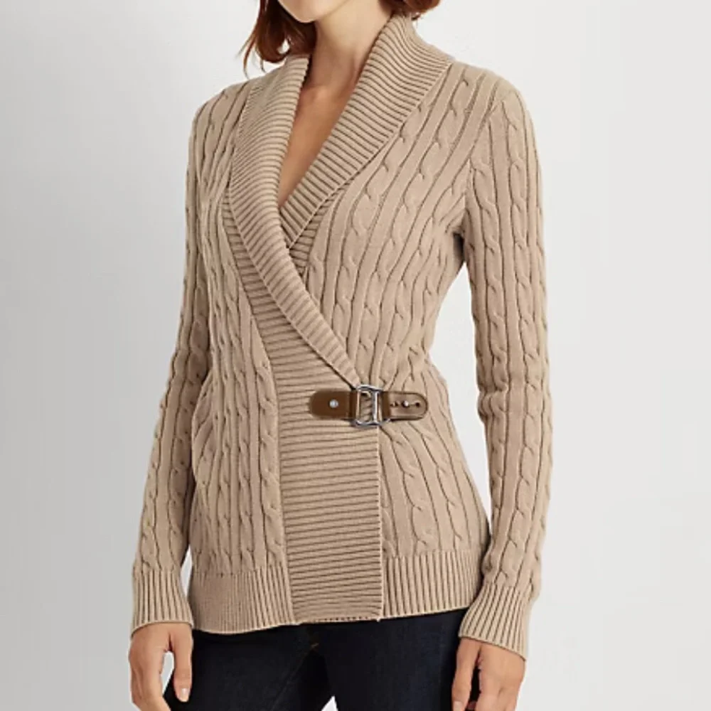 Lauren Ralph Lauren Cream Cable Knit Shawl Collar Buckle Sweater XS Old Money - Picture 1 of 11